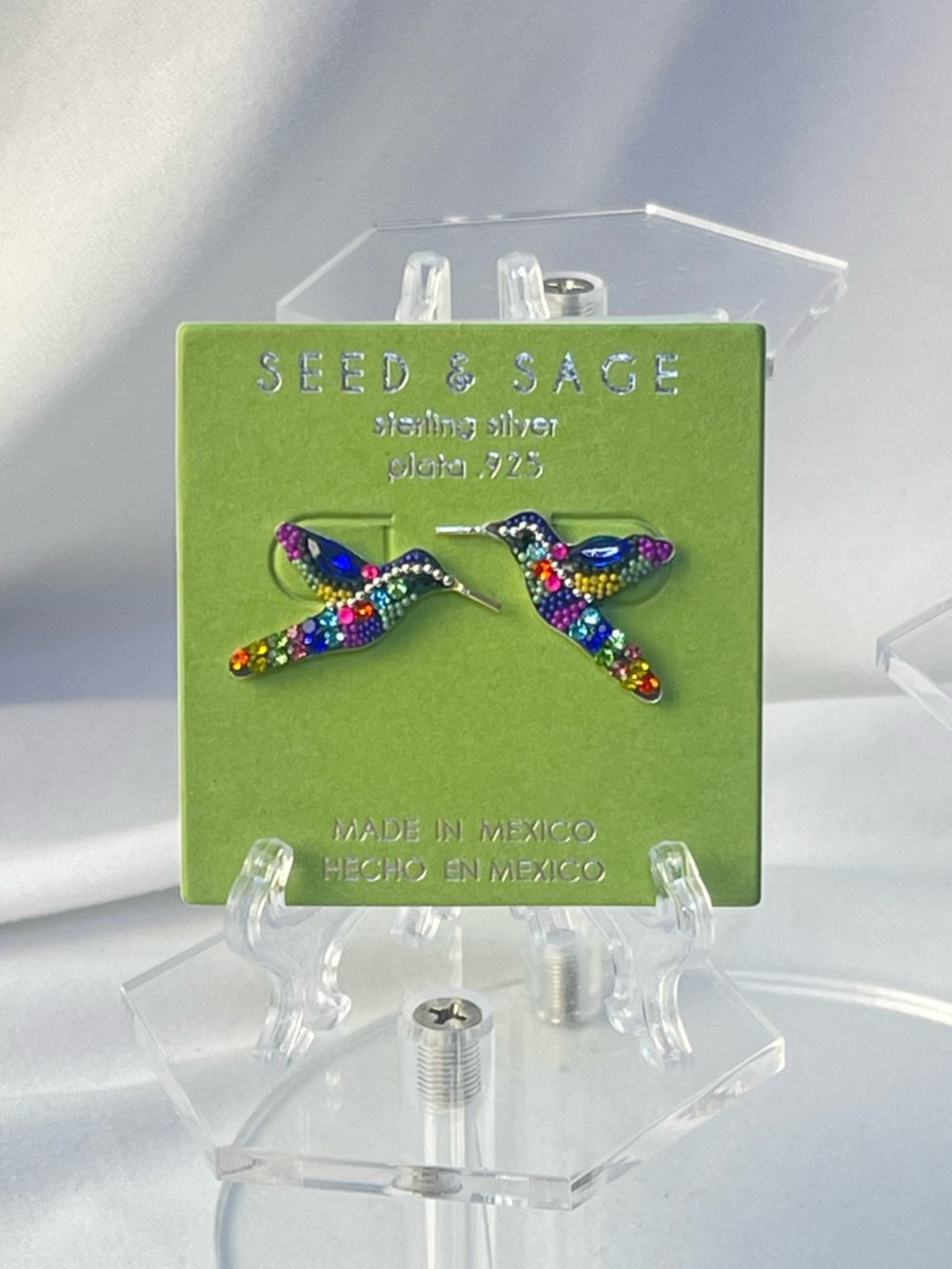 NEW Seed & Sage .925 Silver Jeweled Mosaic Hummingbird Earrings - Made in Mexico